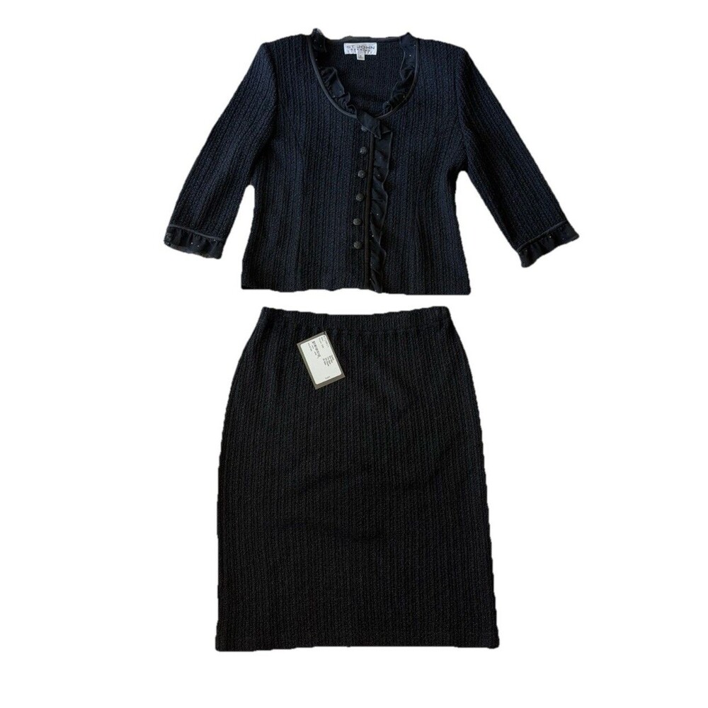 NWT ST. JOHN Evening Black Santana Knit Wool Blend 2Pc Skirt Suit Size 6